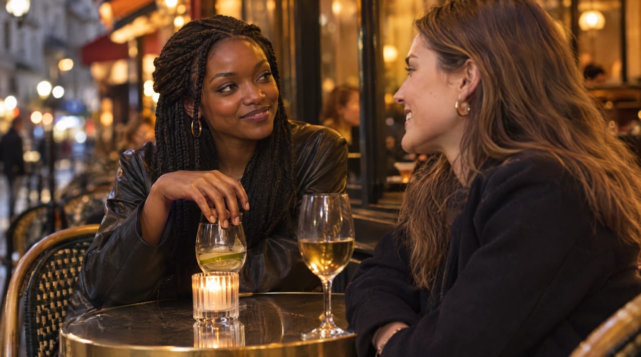 Deux amies attablées à la terrasse d'un café parisien le soir ; l'une pose les doigts sur le bord de son verre.
