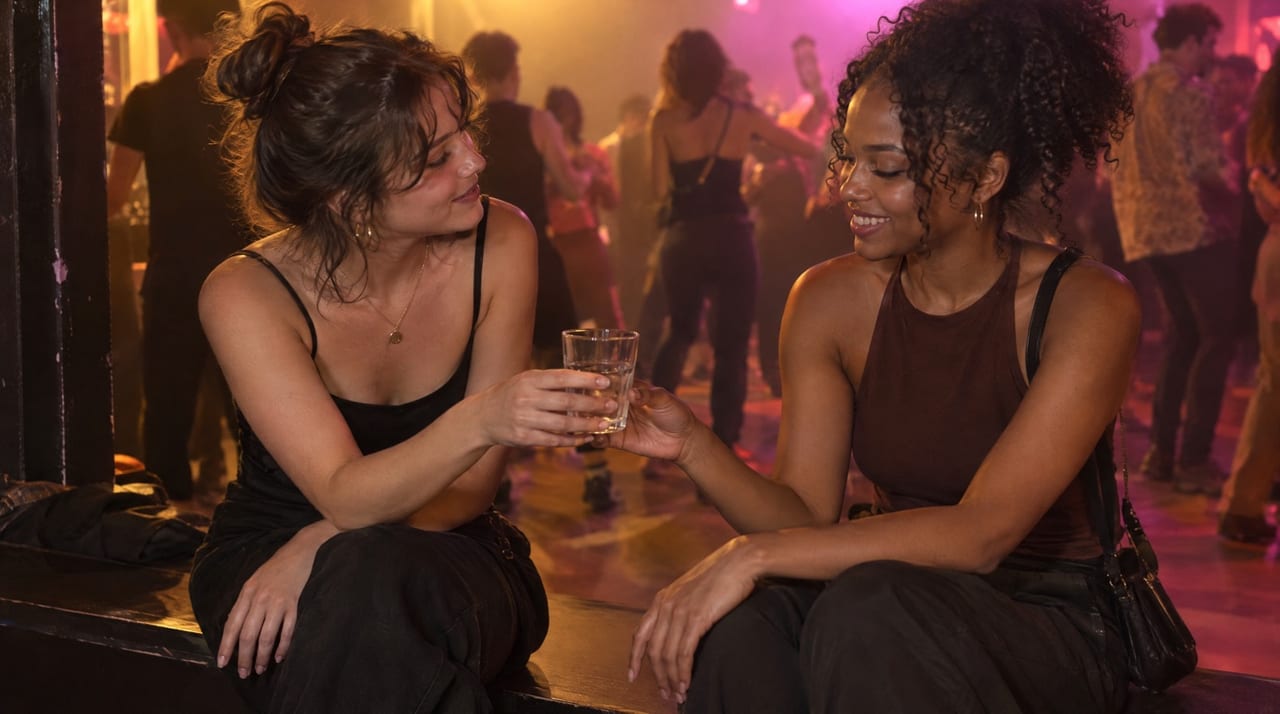 Au bord d'une piste de danse, une jeune femme tend un verre d'eau à son amie assise à côté d'elle.