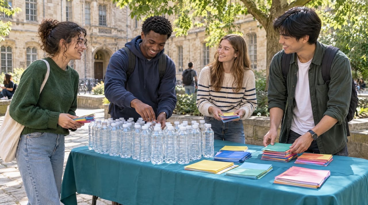 Quatre étudiants installent un stand dans une cour universitaire ensoleillée : bouteilles d'eau et prospectus colorés sur une nappe turquoise.