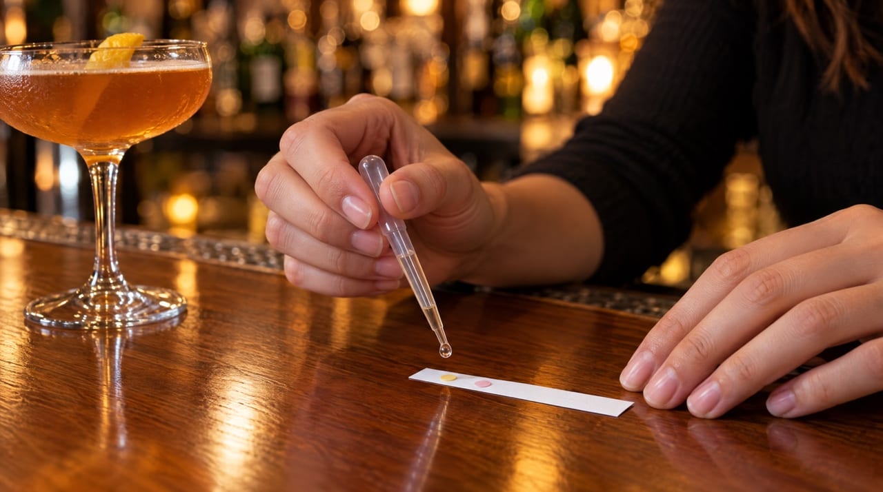 Mains déposant une goutte à la pipette sur une bandelette blanche à deux pastilles, jaune et rose, près d'un cocktail.
