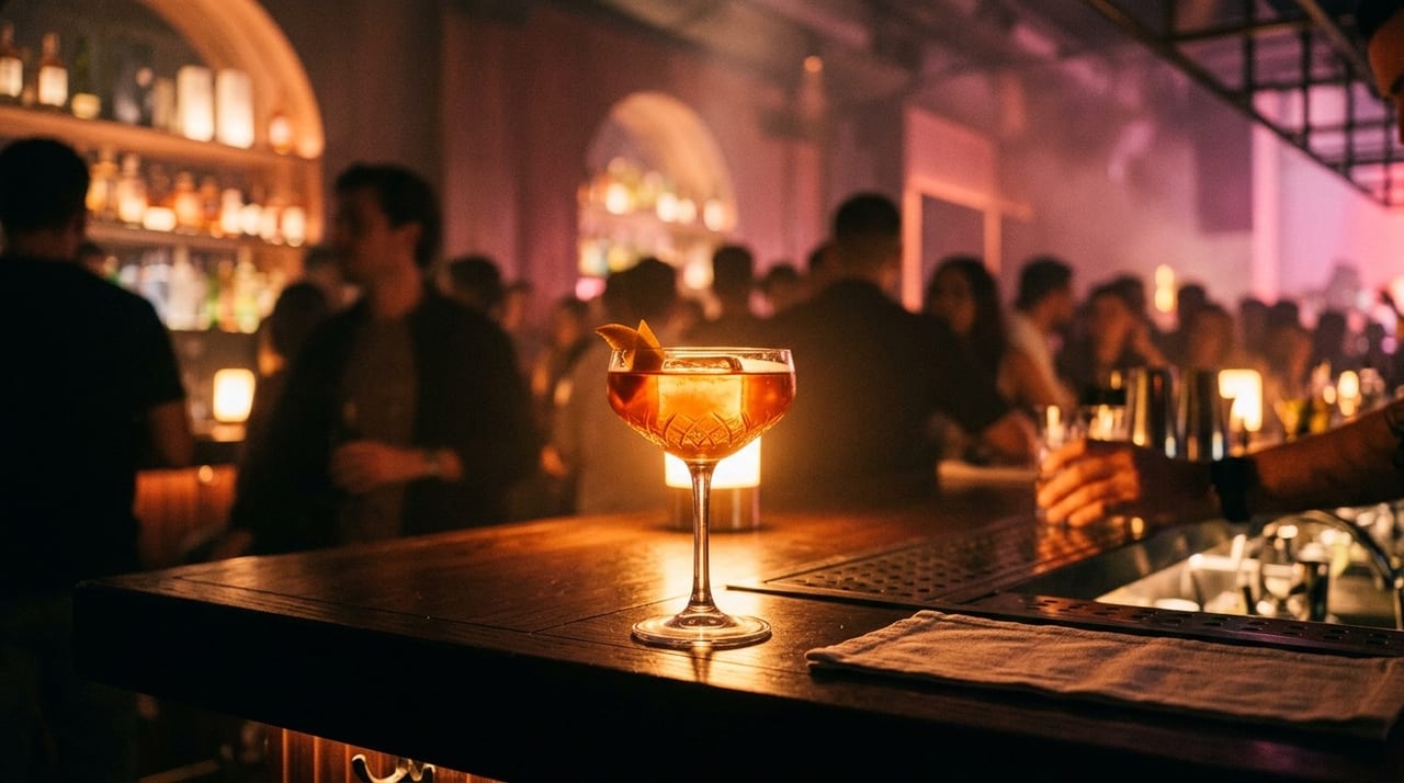 Cocktail ambré dans une coupe posée sur le comptoir en bois d'un bar animé, avec des clients flous en arrière-plan.
