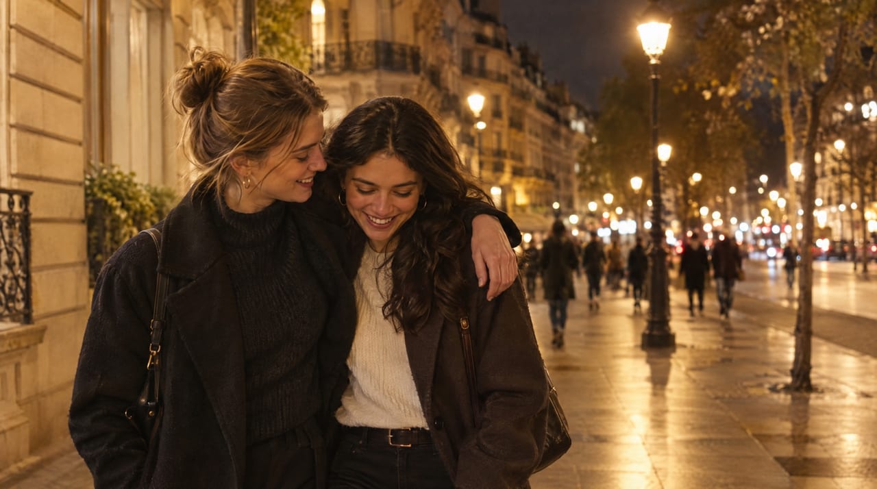 Deux amies marchent la nuit sur un boulevard parisien éclairé, l'une le bras autour des épaules de l'autre.