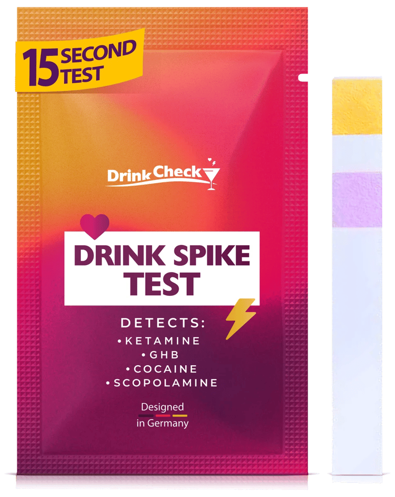 Sachet DrinkCheck en anglais et bandelette de test avec une zone jaune et une zone rose