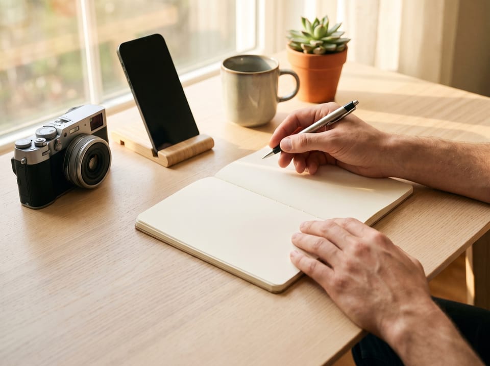Des mains tenant un stylo au-dessus d’un carnet vierge, près d’un appareil photo et d’un smartphone sur une table en bois