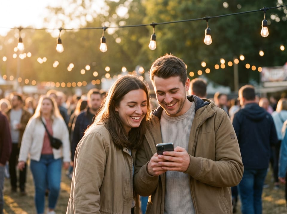 Deux adultes regardent un smartphone sous des guirlandes lumineuses lors d’un événement en plein air