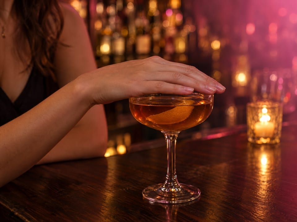 Main posée à plat sur une coupe à cocktail ambrée, sur un comptoir de bar éclairé à la bougie