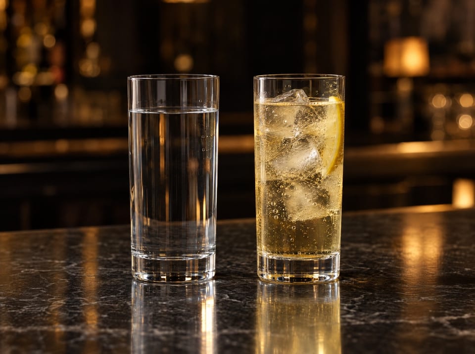 Un verre d'eau et un verre de boisson claire avec glaçons et citron, côte à côte sur un comptoir sombre
