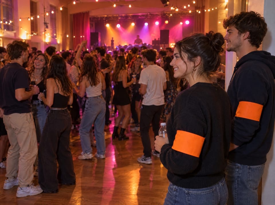 Deux bénévoles portant un brassard orange observent en souriant une soirée étudiante dans une salle illuminée