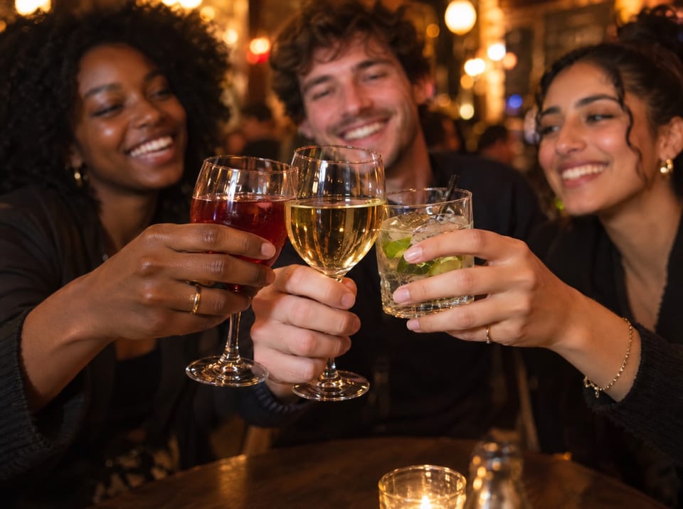 Trois amis trinquent dans un bar ; au premier plan, les verres de vin et de cocktail se touchent