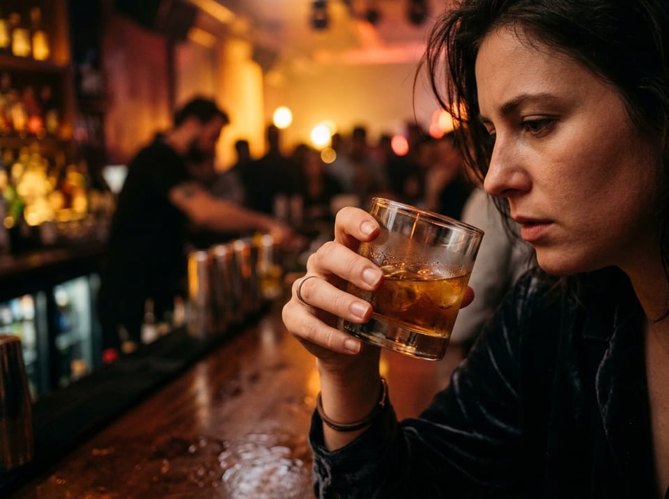 Jeune femme au comptoir d'un bar, le regard pensif posé sur le verre de whisky qu'elle tient à la main