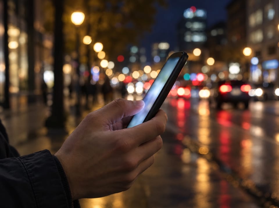 Main tenant un smartphone la nuit, devant une rue aux lumières floues
